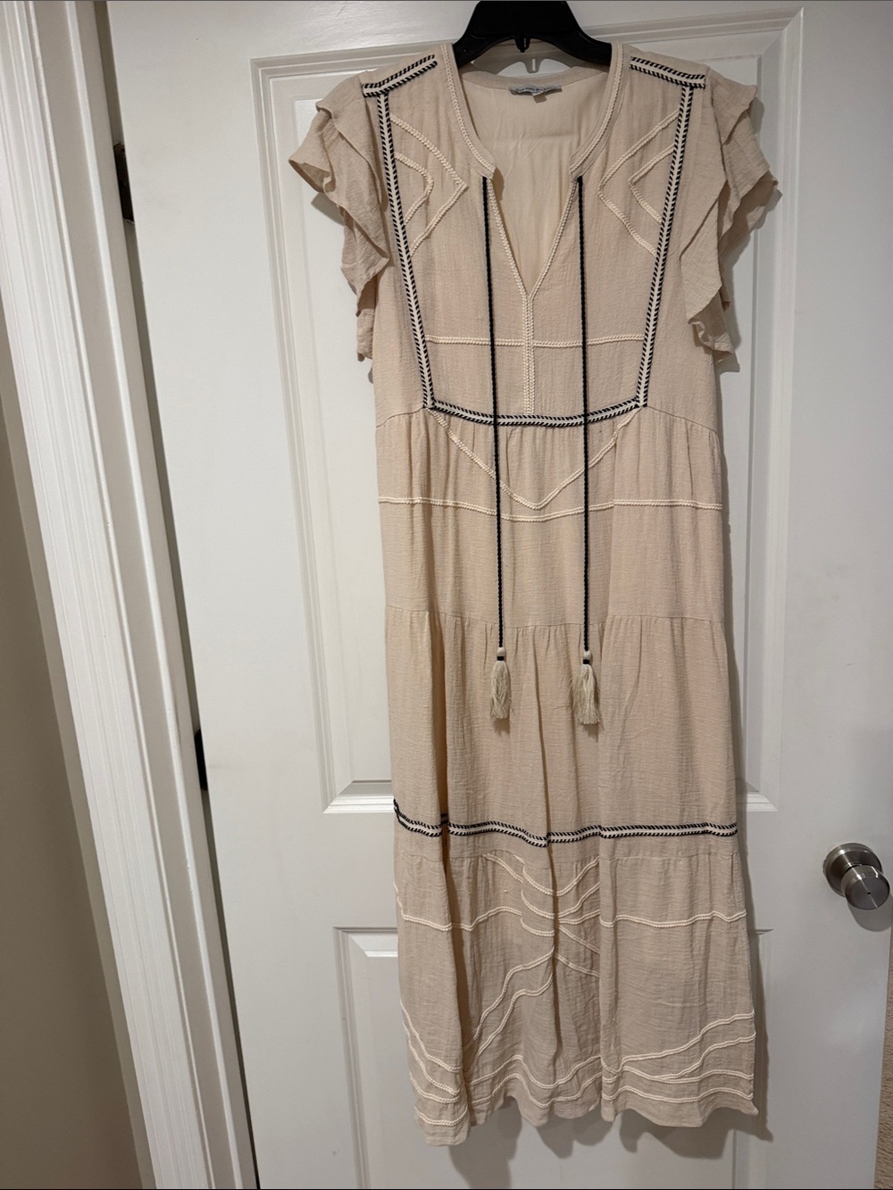 Light Cream Embroidered Maxi Dress with Tassel Tie
